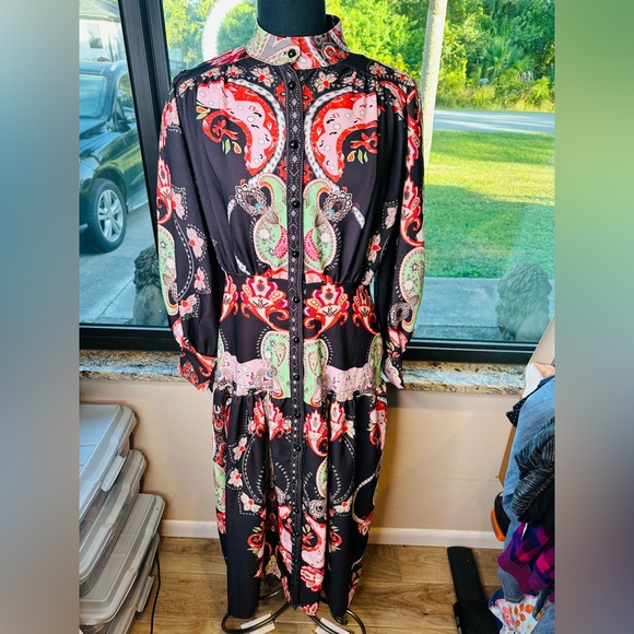 New Imperial Colorful Paisley Button Front Tiered Maxi Dress Size 10 - Picture 2 of 7